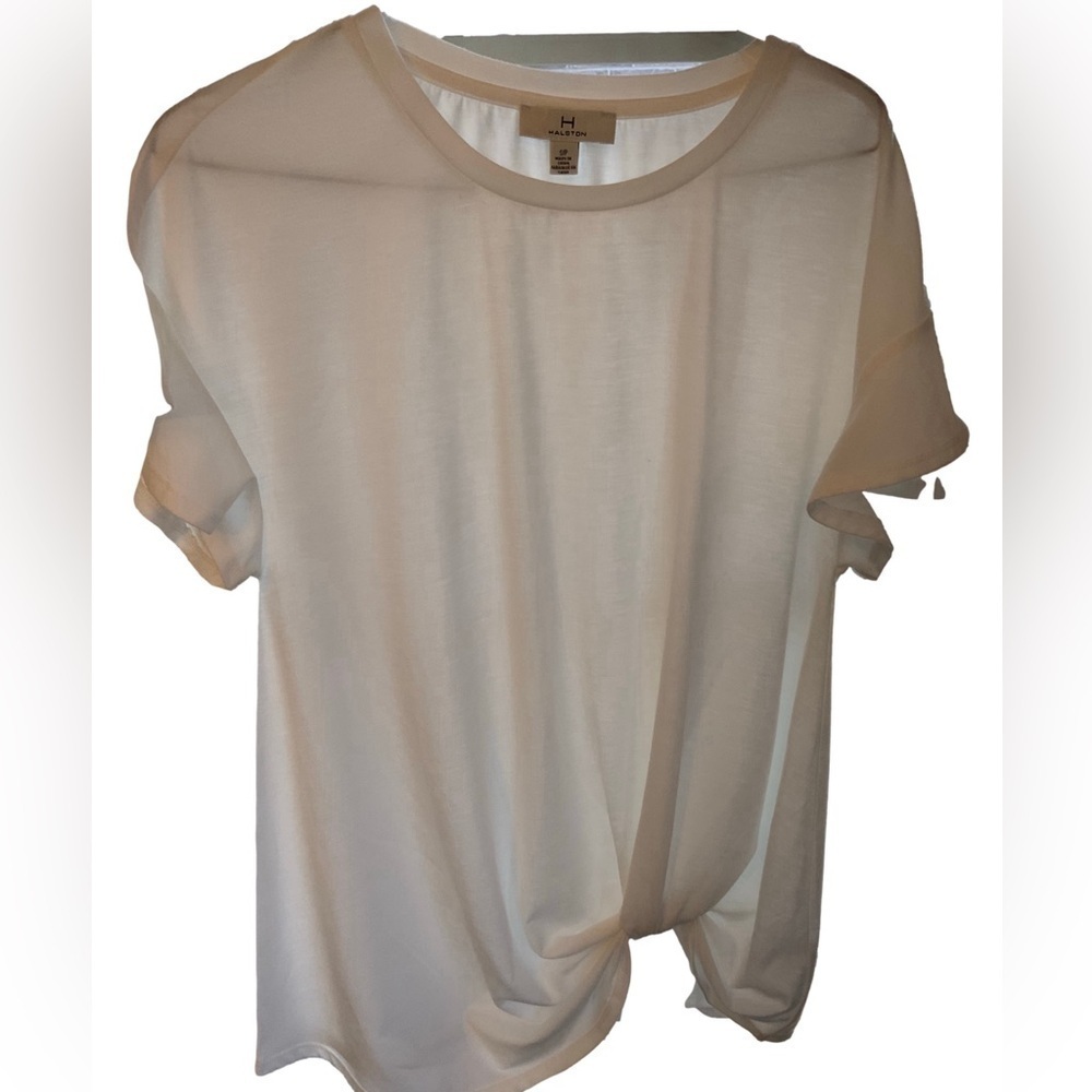 Halston White T Shirt Ruffled Arms Knotted Bottom Small